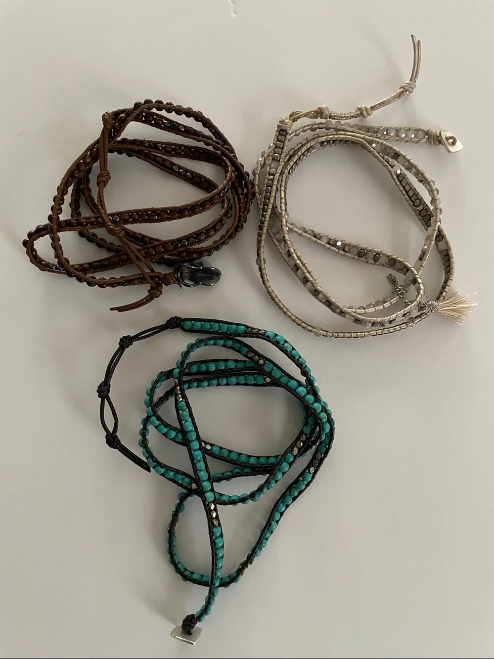 Set 3: Beaded Braided Stone Wrap Bracelets Leather Rope